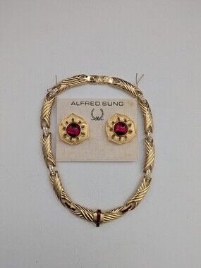 Alfred Sung Gold-plated Necklace and Earrings Set with Red Stones